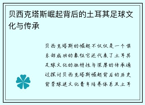 贝西克塔斯崛起背后的土耳其足球文化与传承